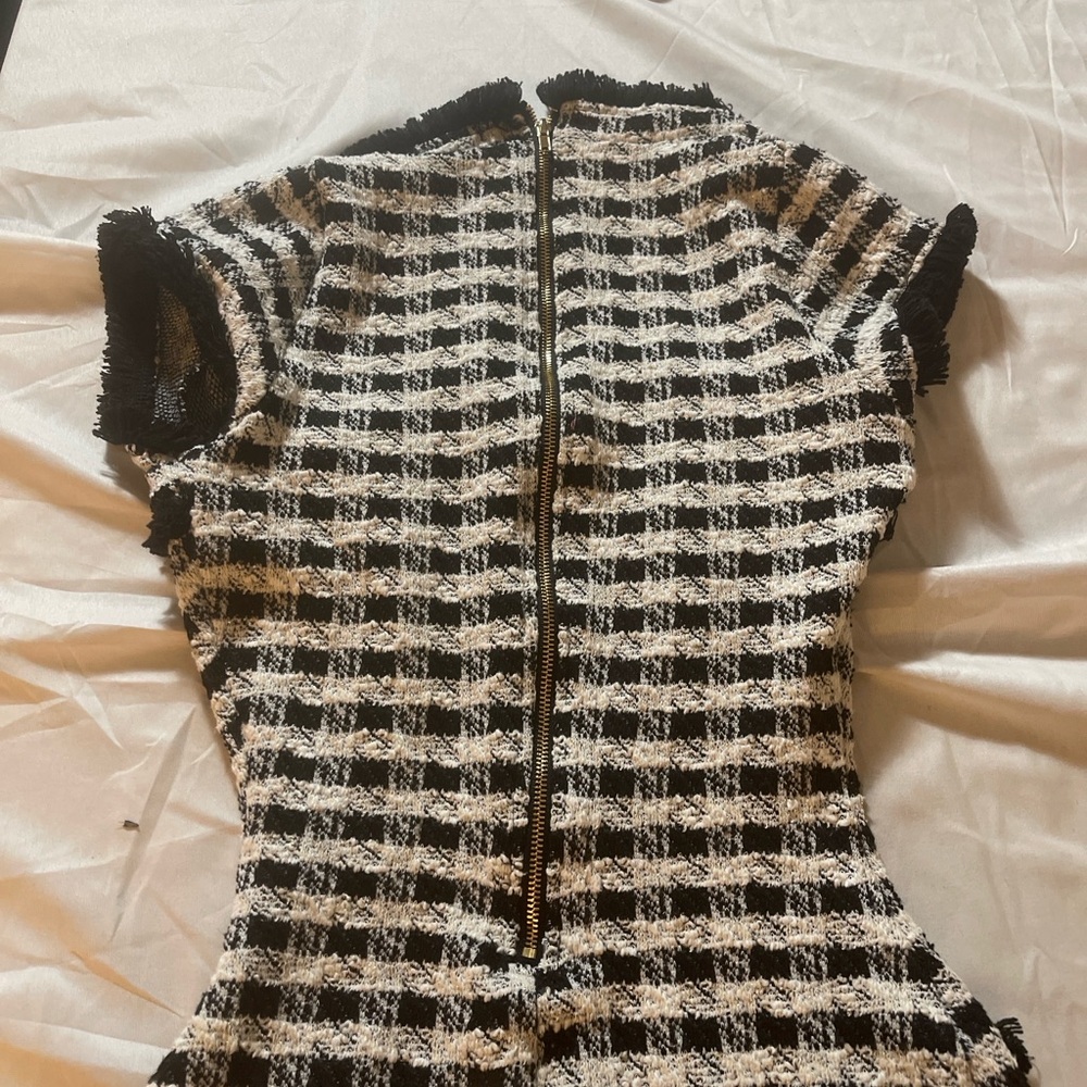 Fashion Nova black white tweed mini dress gold lion button fringe trim women’s S - Picture 7 of 7